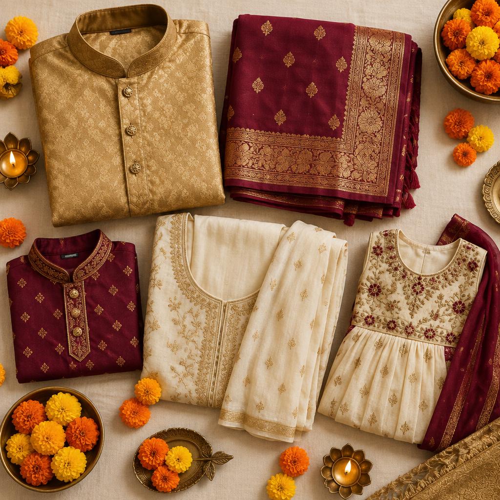 Festive Indian outfits arranged together