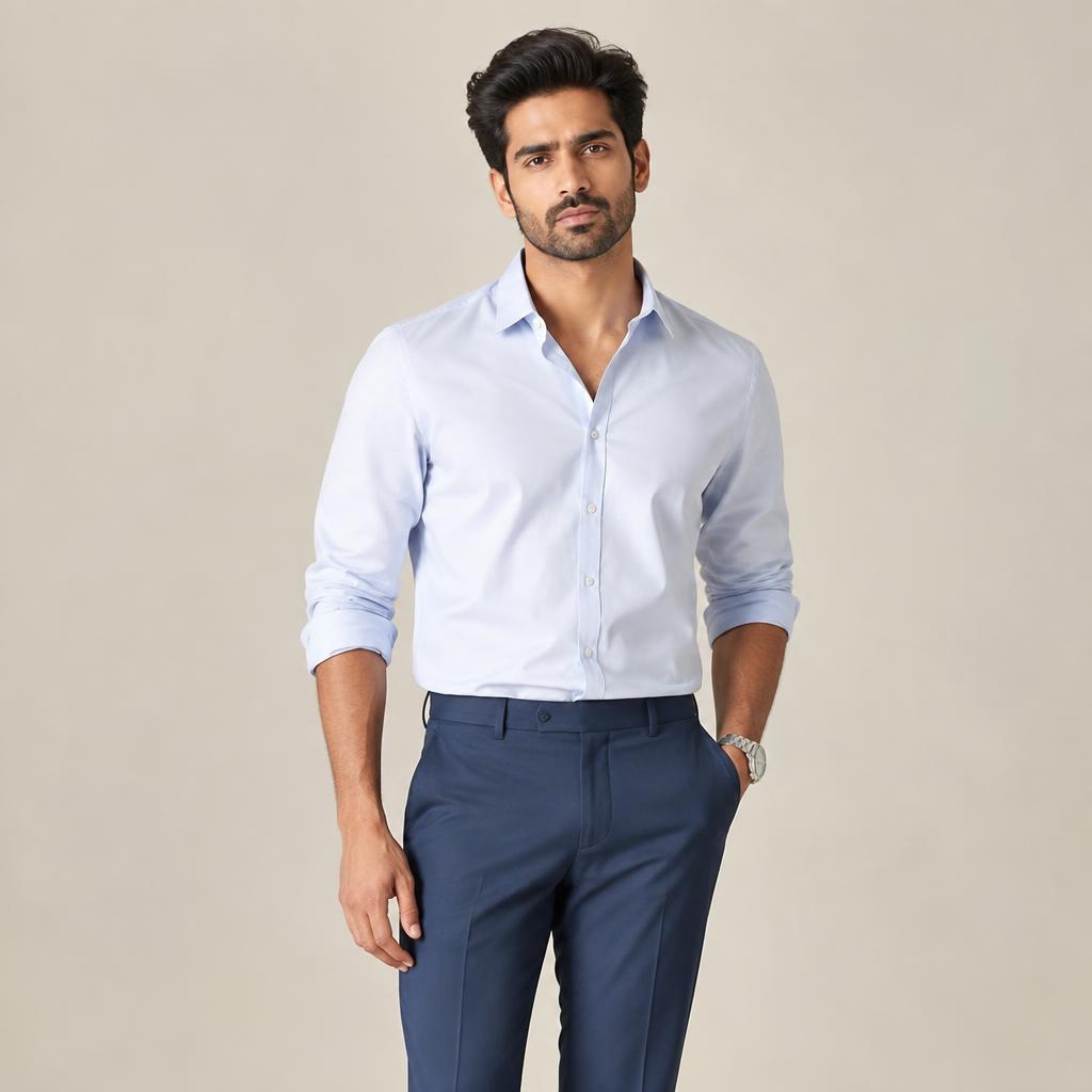 Man wearing a light blue shirt and navy trousers