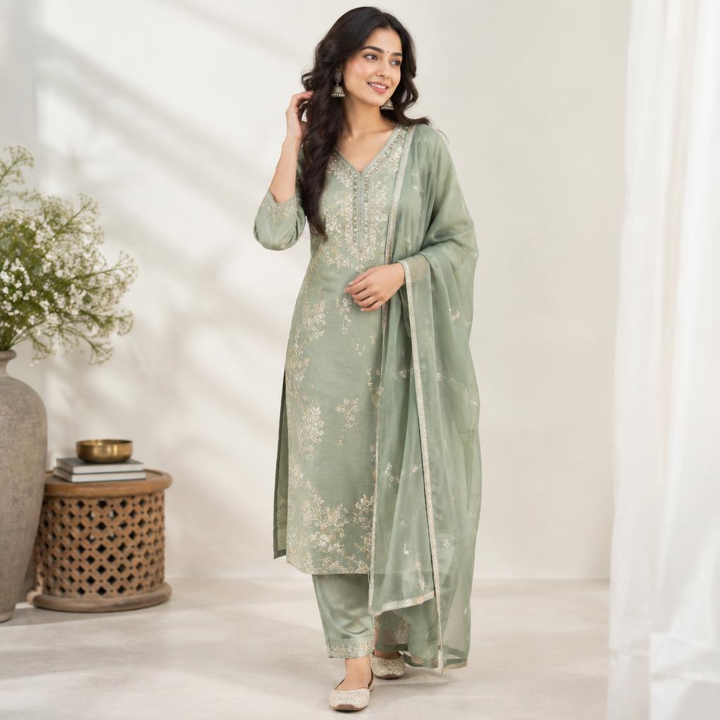 Woman wearing a soft green embroidered kurti